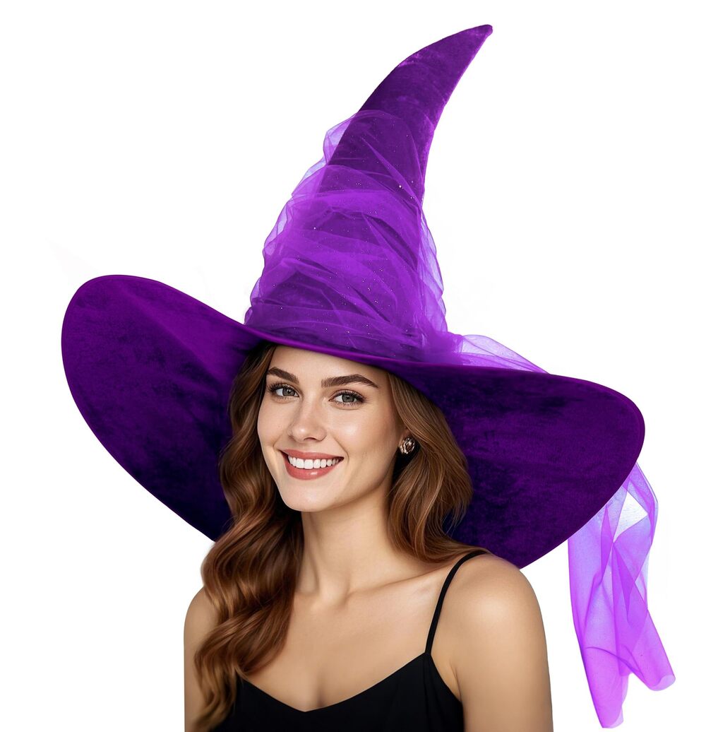 5046 Purple Masquerade Ruched Witch Hat Oversized Witches Velvet Hats Wide